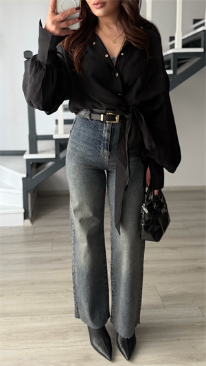 Koyu Mavi Yıkamalı Kemerli Straight Jean