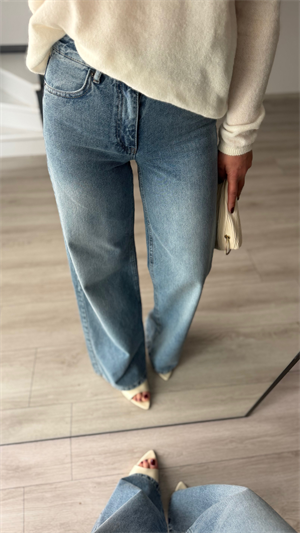 Koyu Mavi Yıkamalı Kemerli Wide Leg Jean