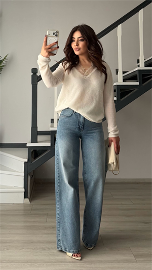 Koyu Mavi Yıkamalı Kemerli Wide Leg Jean