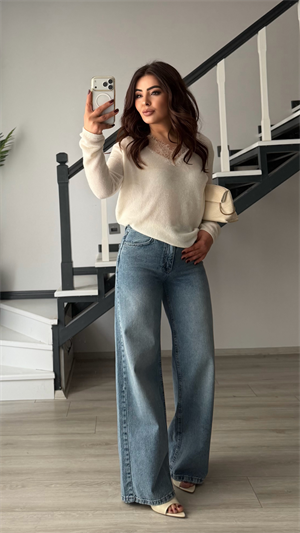 Koyu Mavi Yıkamalı Kemerli Wide Leg Jean