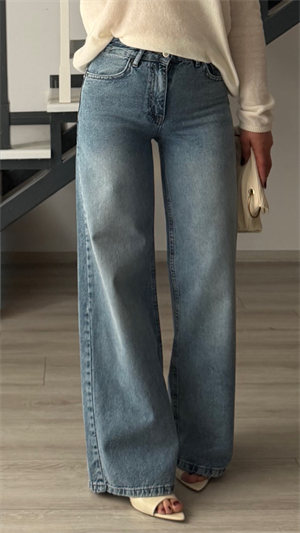 Koyu Mavi Yıkamalı Kemerli Wide Leg Jean