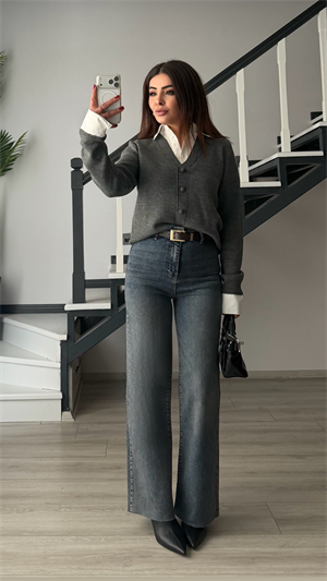 Koyu Mavi Yıkamalı Likralı Kemerli Straight Jean
