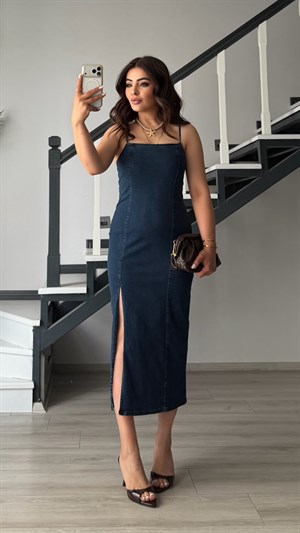 Dark Blue Slit Lycra Denim Dress