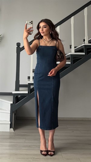 Dark Blue Slit Lycra Denim Dress