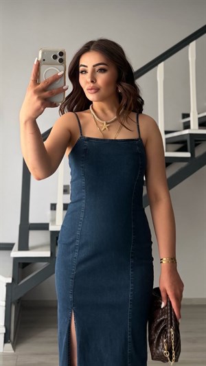 Dark Blue Slit Lycra Denim Dress