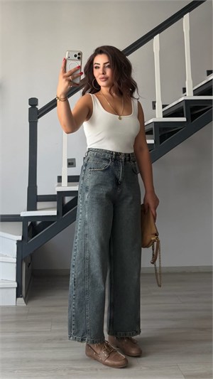 Koyu Mavi Ykamalı Yanı Çift Dikişli Baggy Jean
