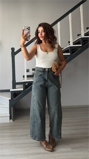 Koyu Mavi Ykamalı Yanı Çift Dikişli Baggy Jean