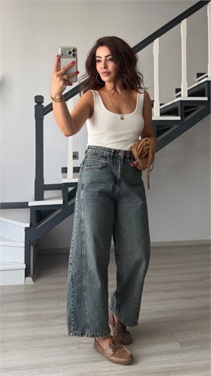 Koyu Mavi Ykamalı Yanı Çift Dikişli Baggy Jean