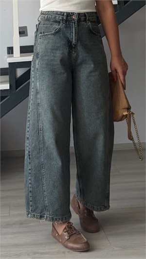 Koyu Mavi Ykamalı Yanı Çift Dikişli Baggy Jean