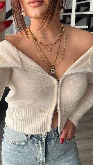 كارديجان كريمي اللون بياقة مادونا وسحاب مزدوج