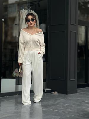 Cream V-Neck Cardigan with Gold Button Detail and Trim