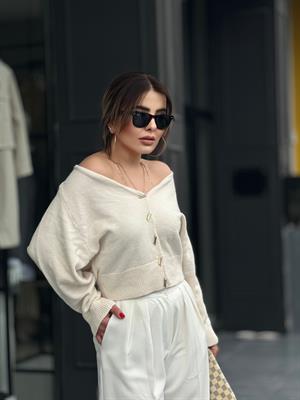 Cream V-Neck Cardigan with Gold Button Detail and Trim
