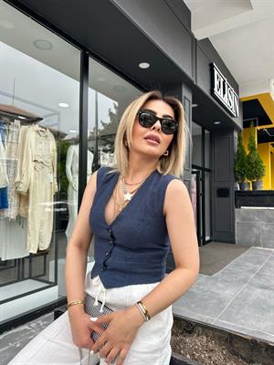 Lacivert %100 Ham Keten Astarı Pamuklu Yelek