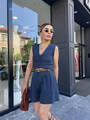 Lacivert %100 Ham Keten Astarı Pamuklu Yelek