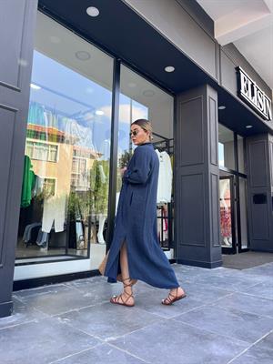Navy Blue 100% Raw Linen Button-Down Kimono Dress