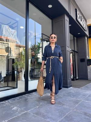 Navy Blue 100% Raw Linen Button-Down Kimono Dress