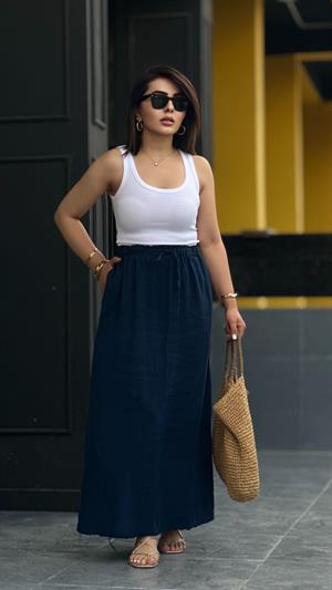 Navy Blue 100% Raw Linen Skirt with Tassel Detail