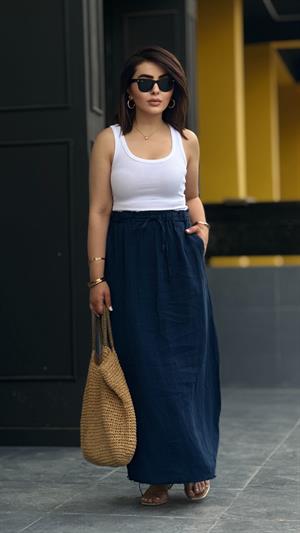 Navy Blue 100% Raw Linen Skirt with Tassel Detail