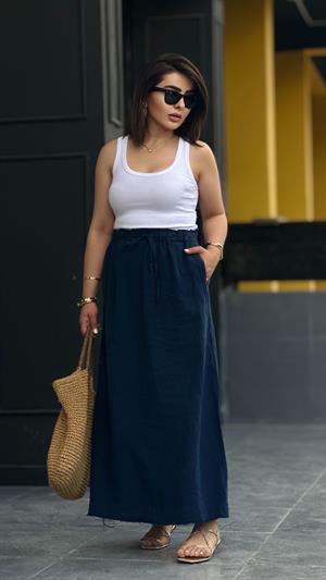 Navy Blue 100% Raw Linen Skirt with Tassel Detail