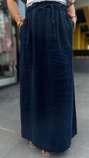 Navy Blue 100% Raw Linen Skirt with Tassel Detail