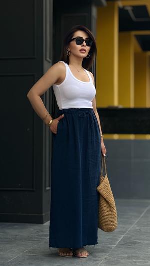 Navy Blue 100% Raw Linen Skirt with Tassel Detail