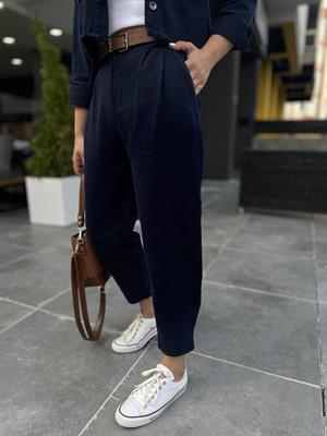 Lacivert %100 Pamuk Crop Ceket-Pantolon 2li Takım