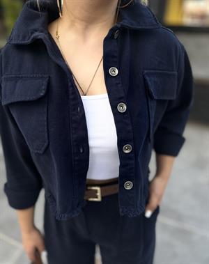 Lacivert %100 Pamuk Crop Ceket-Pantolon 2li Takım