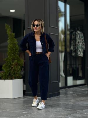 Lacivert %100 Pamuk Crop Ceket-Pantolon 2li Takım