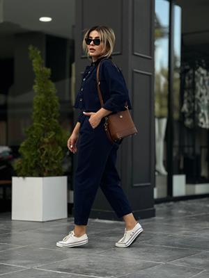 Lacivert %100 Pamuk Crop Ceket-Pantolon 2li Takım