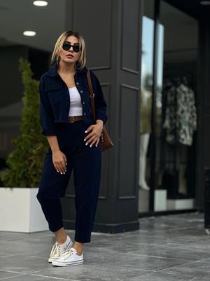 Lacivert %100 Pamuk Crop Ceket-Pantolon 2li Takım