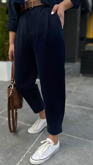Lacivert %100 Pamuk Crop Ceket-Pantolon 2li Takım