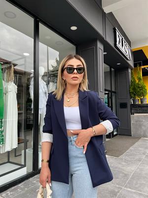 Lacivert Astarı Çizgili Blazer Ceket 