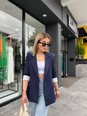Lacivert Astarı Çizgili Blazer Ceket 