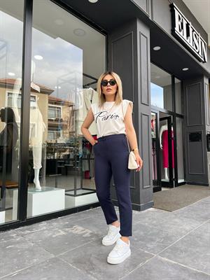 Lacivert Beli Lastikli Cigarette Pantolon
