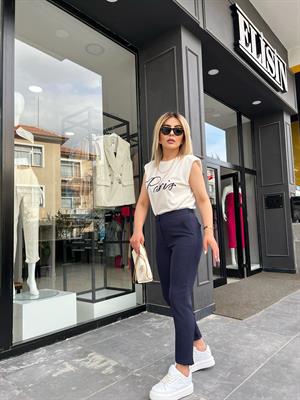 Lacivert Beli Lastikli Cigarette Pantolon