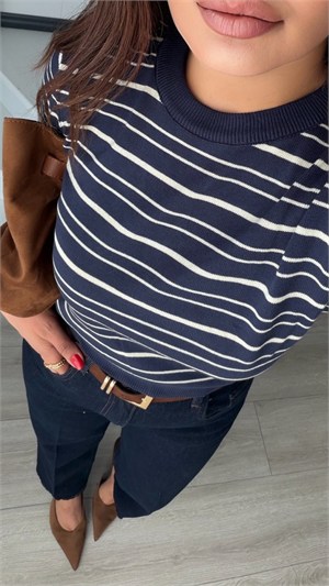 Navy-White Striped Short Sleeve Knitwear Blouse