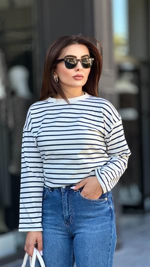 Lacivert Beyaz Çizgili Sweatshirt 