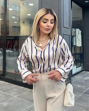 Lacivert Çizgili Saten Gömlek