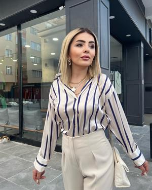 Lacivert Çizgili Saten Gömlek