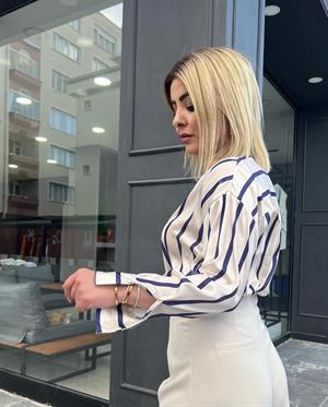Lacivert Çizgili Saten Gömlek