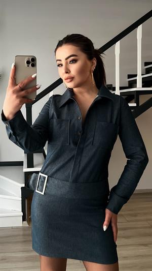 Lacivert Denim Görünümlü Yıkamalı Kemerli Elbise 