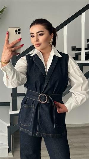 Lacivert Denim Kalın Toka Kemerli Yelek