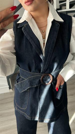 Lacivert Denim Kalın Toka Kemerli Yelek