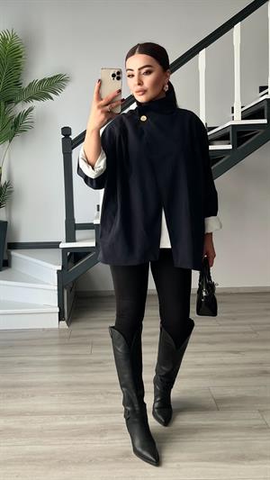 Lacivert Dik Yaka Oversize Trençkot