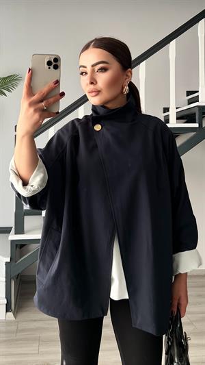 Lacivert Dik Yaka Oversize Trençkot