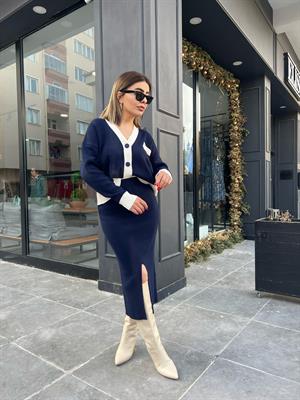 Navy Blue and Ecru Two-Piece Steel Knit Set