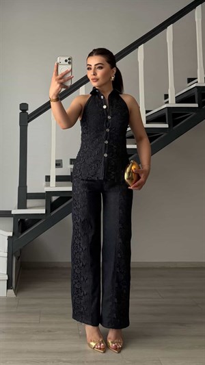 Lacivert Güpür Detaylı Denim Takım