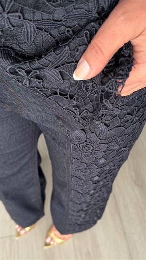 Lacivert Güpür Detaylı Denim Takım