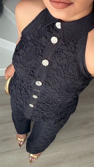 Lacivert Güpür Detaylı Denim Takım