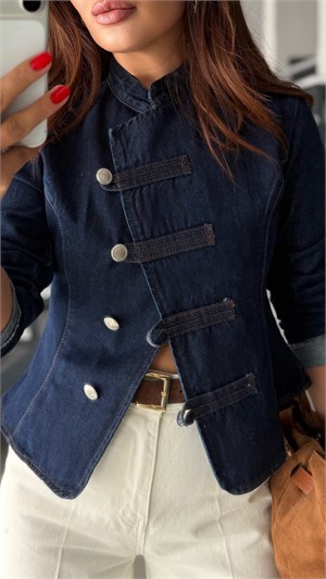 Navy Blue Mandarin Collar Napoleon Denim Jacket